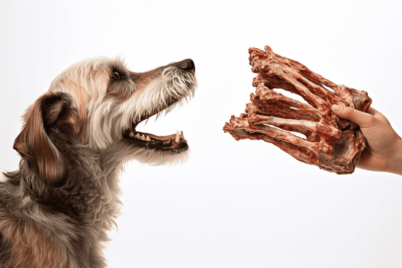 ALT text: Happy dog eagerly looking at someone holding a large beef rib bone.