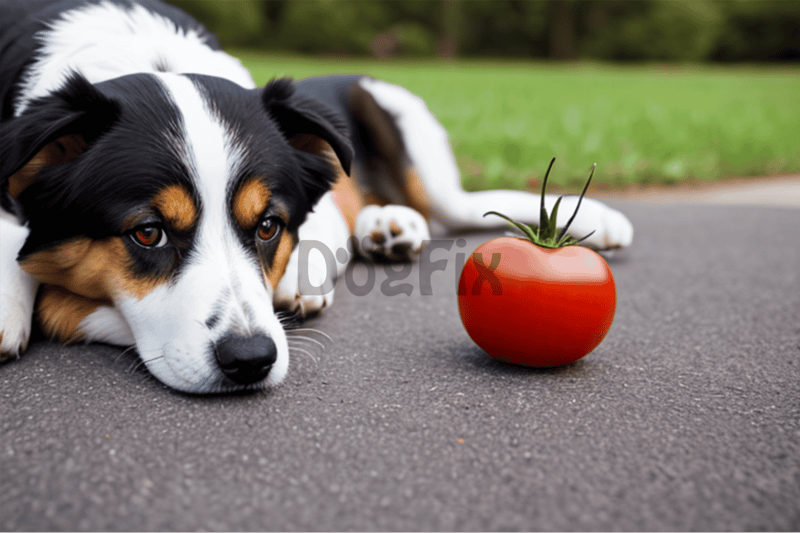 Adorable dog lying on ground next to ripe tomato on street, outdoor setting.