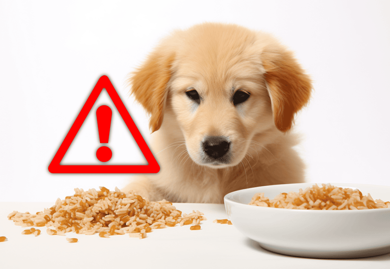 Close-up of a puppy with a warning icon, next to a bowl of rice, highlighting pet safety concerns with human food.