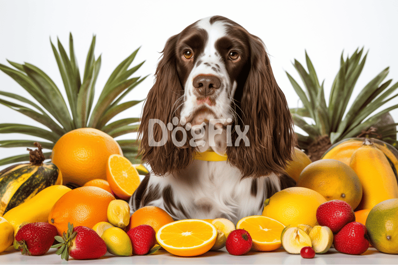 Bright dog sitting among oranges, strawberries, bananas, and pineapples for a fresh, healthy theme.