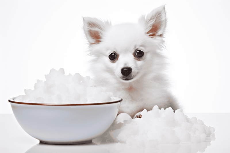 Adorable white puppy sitting near snow with a bowl of snowflakes. Perfect for pet care or dog food concepts.