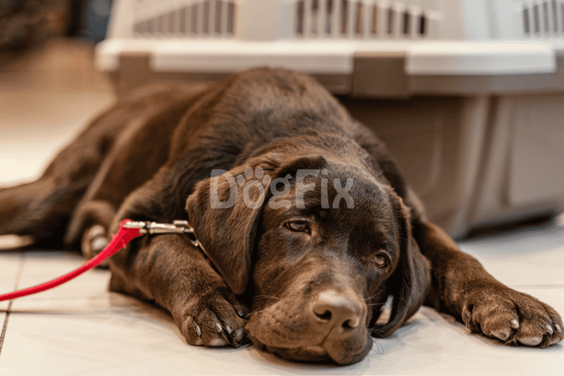 Adorable brown Labrador puppy lying on the floor, looking relaxed and calm.