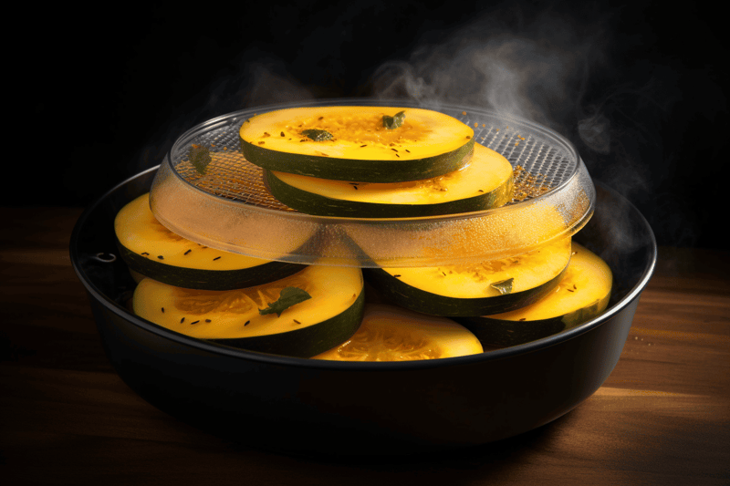 Lush zucchini slices steaming, ready for healthy dog treats or meals, showcasing nutritious pet-friendly food options.
