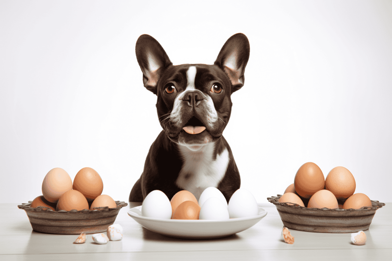 Adorable French Bulldog with eggs on a white background.