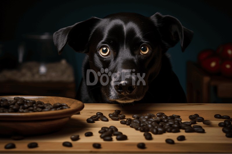 Dogfix.com: Dog with curious expression near coffee beans, emphasizing pet safety and care.