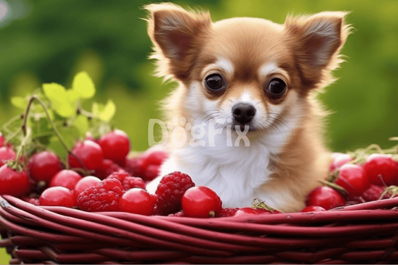 Adorable Chihuahua puppy sitting in a basket filled with red berries outdoors.