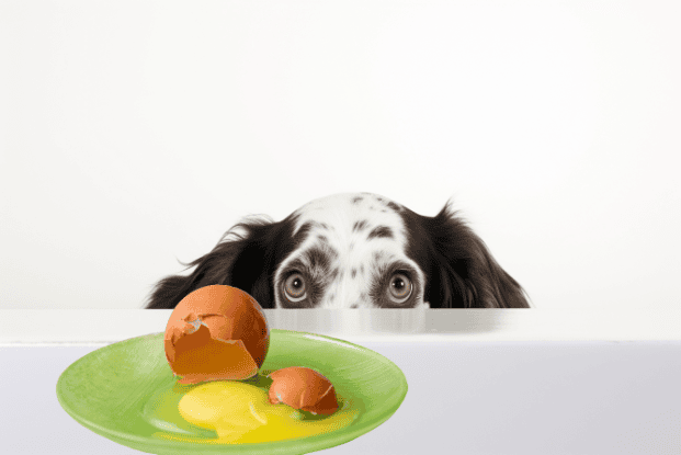 Adorable dog peeking over table with broken eggs on a green plate, illustrating pet meal solutions from Dogfix.com.