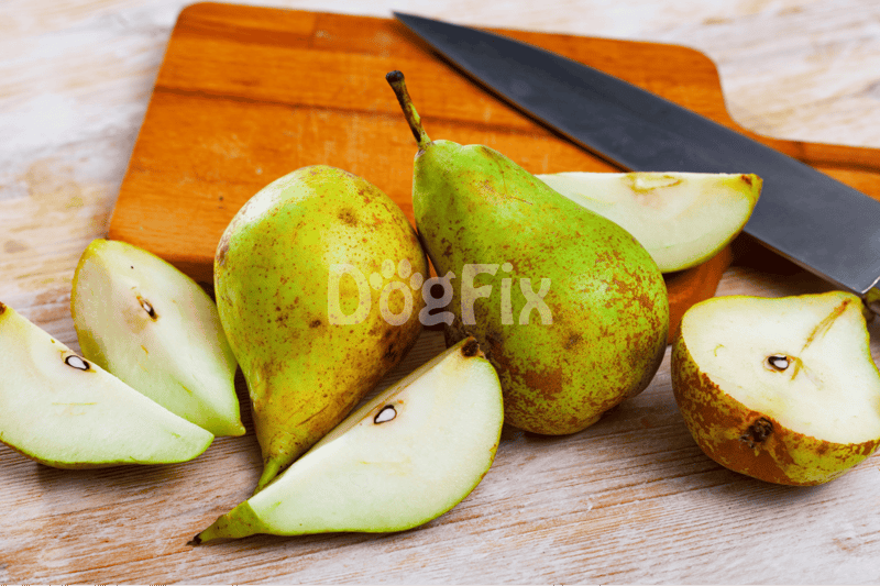 Healthy pear fruits sliced on wooden cutting board, ready for healthy eating or cooking. Perfect for nutritious snacks or recipes.