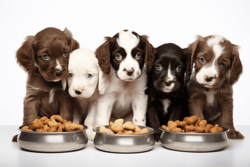Adorable mixed breed puppies eating from stainless steel bowls filled with puppy food.