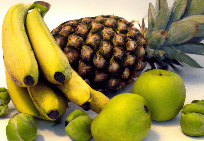 Fresh bananas, pineapple, and green apples on white background for nutritious snacks.