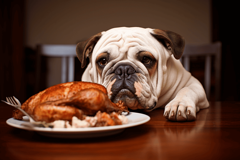 Dog owner feeding dog with meat, dog waits patiently for meal, happy and satisfied pet.