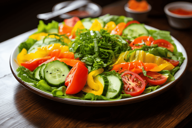 Bright, colorful vegetable salad with fresh cucumbers, tomatoes, and peppers in a white dish for healthy eating and dietary options.