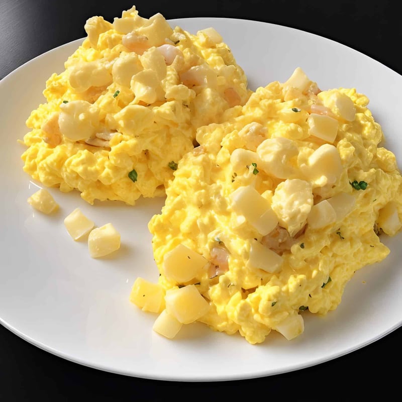 Delicious scrambled eggs topped with cheese and herbs, perfect for breakfast or brunch.