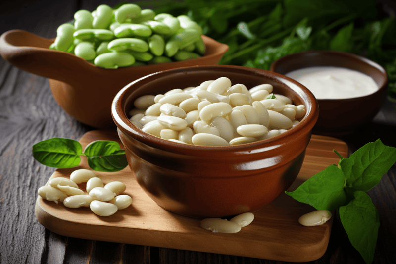 Creamy white beans with basil and dipping sauces on wooden table, healthy plant-based food.