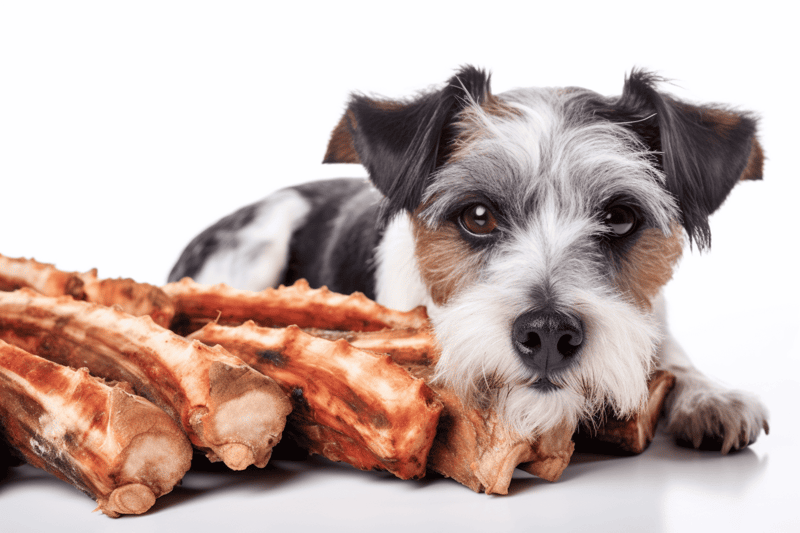 Cute puppy lying next to raw bones, healthy dog food concept.