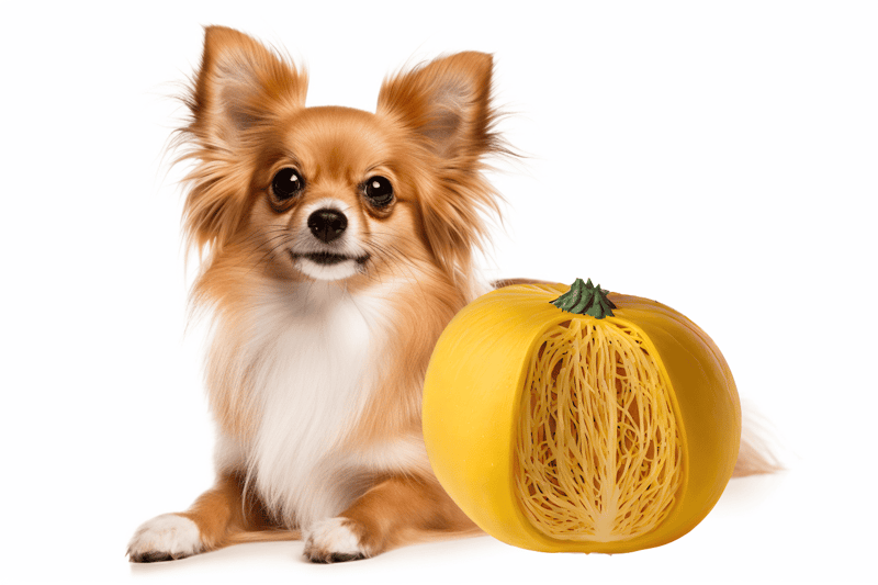 Dog pumpkin toy filled with pasta, perfect for dog play and enrichment.