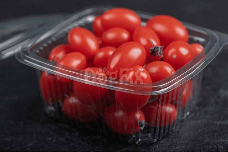 Fresh cherry tomatoes in clear plastic container for dogs' healthy treats.