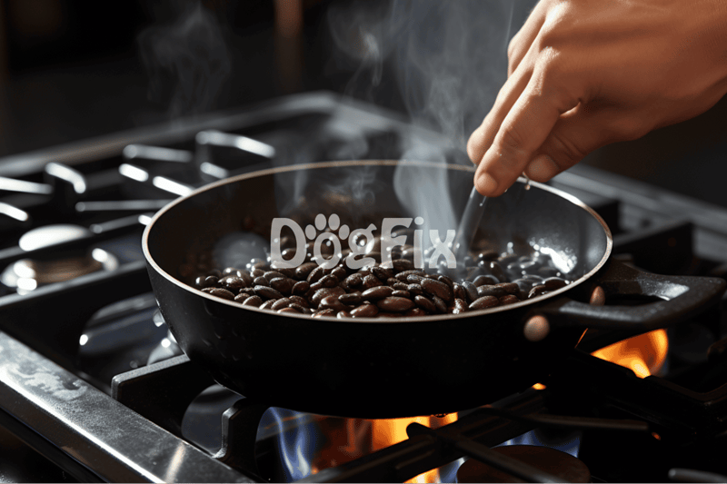 Close-up of coffee beans in a pan on a stove, perfect for coffee lovers.