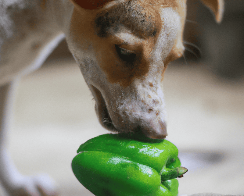 Close-up of dog sniffing a green bell pepper, healthy dog food, nutritious treats, pet health, dog nutrition.