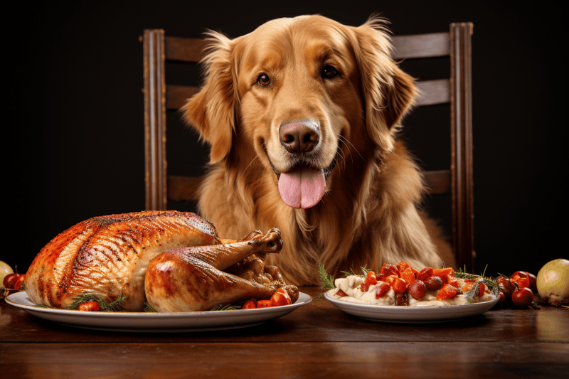 Highly detailed photo of a happy golden retriever with a festive meal including turkey and side dishes.