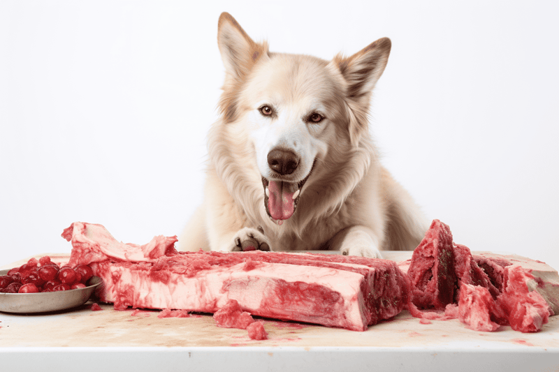 Dog enjoying raw steak with bones and cherries, highlighting pet meat nutrition.