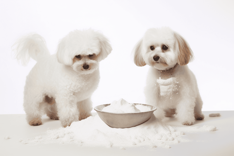Adorable small dogs playing in flour for pet grooming or baking fun, showcasing cute grooming styles and playful moments.