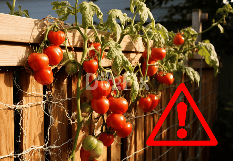 Close-up of a tomato plant growing near a wooden fence, with a red warning triangle indicating potential danger.