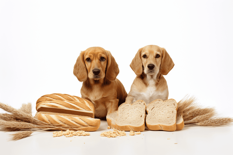 Dog treats and bread for dogs, healthy pet food, dachshunds with snacks, pet nutrition.