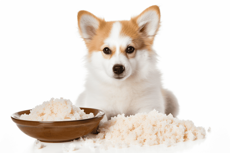 Cute puppy with a bowl of rice on a white background.