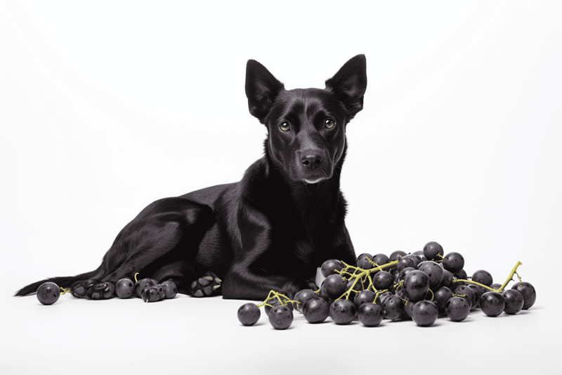 Dog sitting with black grapes on plain background.