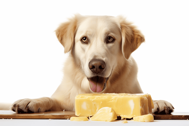 Dog with cheese treat.