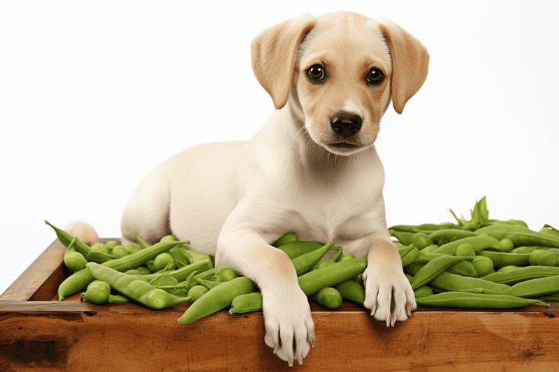 Adorable puppy lying on a wooden tray filled with fresh green vegetables for healthy dog nutrition.