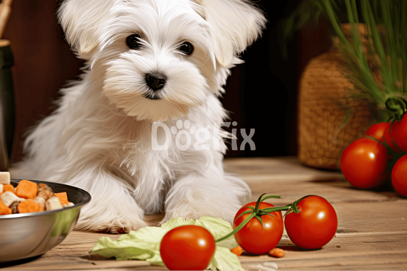Adorable white puppy with tomatoes and leafy greens, promoting healthy dog nutrition.