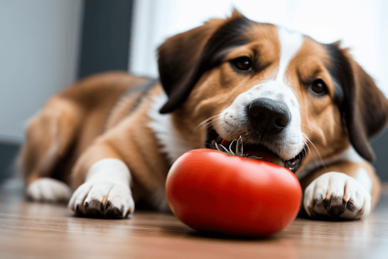 Adorable dog chewing on a large red tomato on a wooden floor.