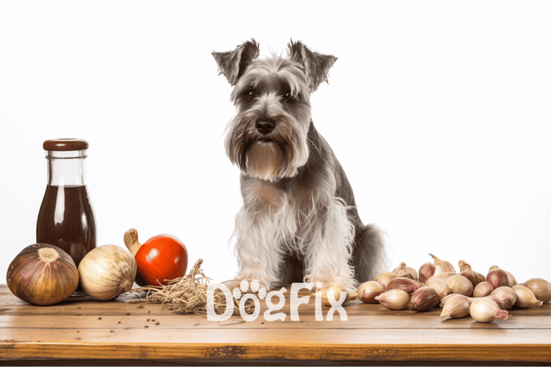 Dog sitting on wooden table with vegetables and broth, promoting healthy dog diet and nutrition tips.