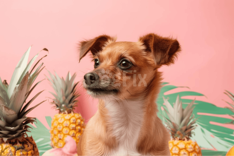 Adorable dog surrounded by pineapples and tropical leaves on pink background for pet grooming and dog care tips.