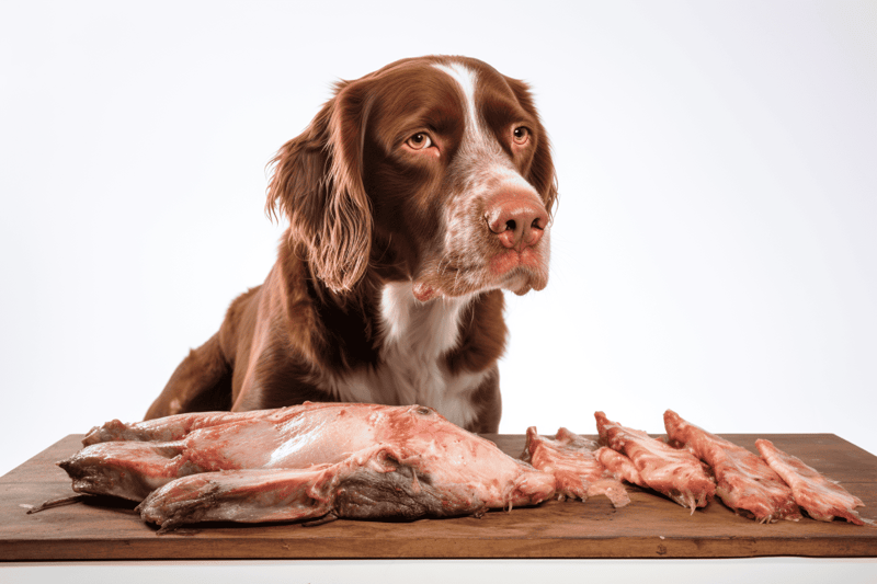 Dog with raw meat for a healthy diet, pet nutrition and canine wellness.