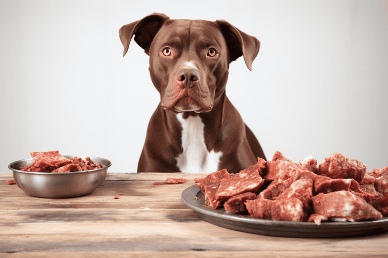 Dog with raw meat, dog food, pet nutrition.