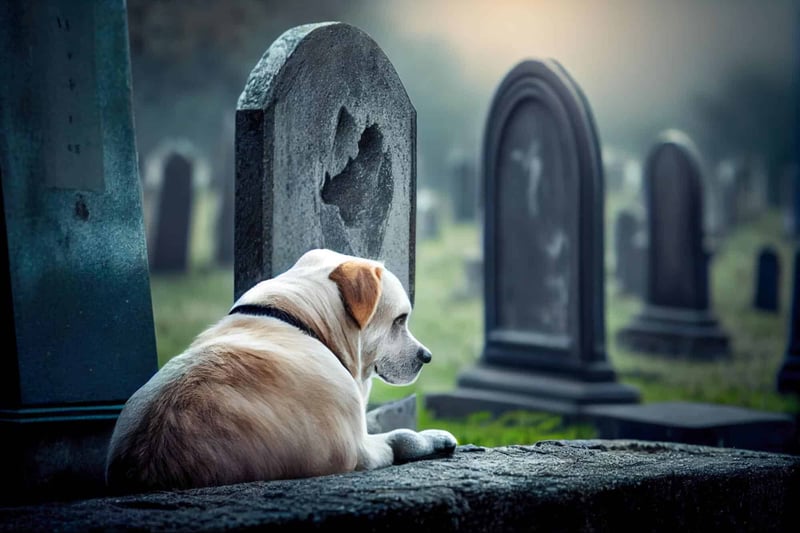 Dog at a cemetery during the mourning period with a sad and contemplative mood.