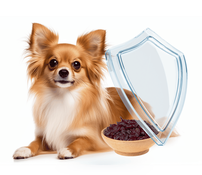 Cute small dog with protective shield and bowl of dried berries.