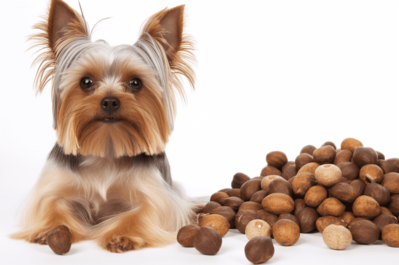 Adorable Yorkshire Terrier sitting next to a pile of hazelnuts on a white background.