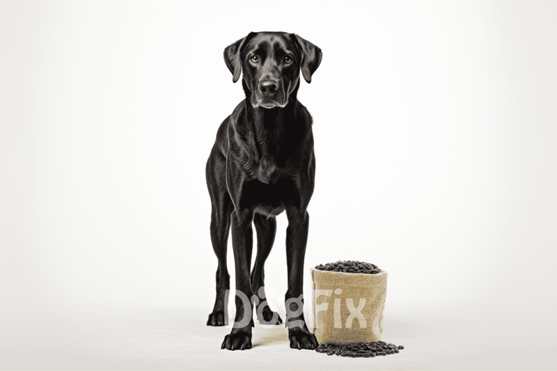 Black Labrador with Bag of Dog Food.