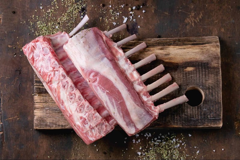 Raw lamb ribs for healthy dog diet, high-quality pet food ingredients.