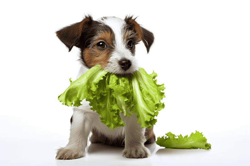 Adorable puppy holding green lettuce in mouth, playful pet dog, healthy and cute, perfect for pet care and nutrition topics.
