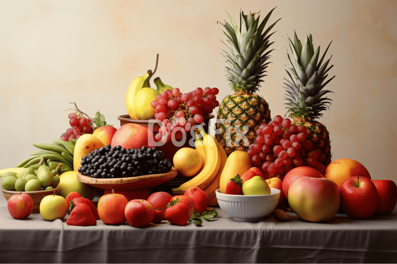 Colorful tropical fruit assortment including pineapples, apples, bananas, and berries on table, vibrant and fresh.