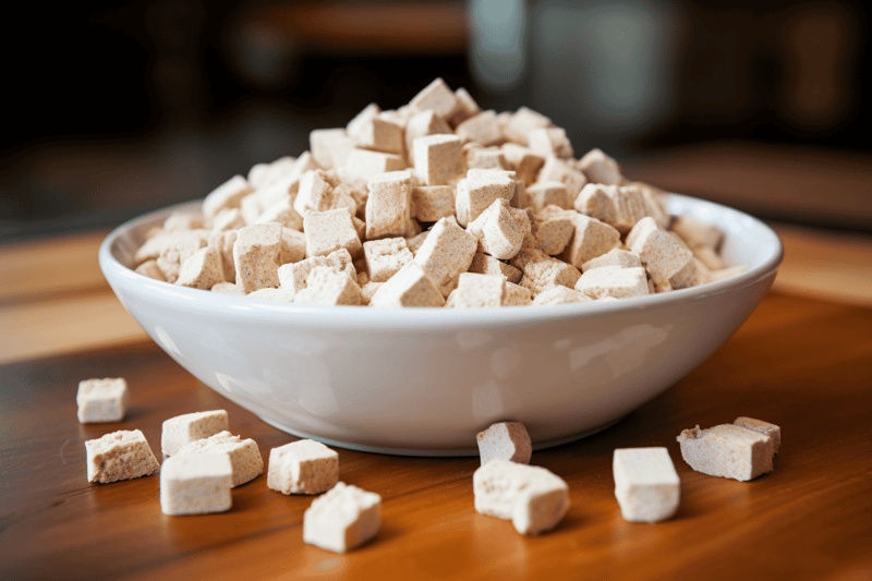 Dog treats in a white ceramic bowl, healthy and tasty snacks for dogs, perfect for training and rewarding your pet.