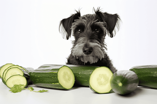 Adorable dog surrounded by fresh cucumber slices and whole cucumbers on a white background.