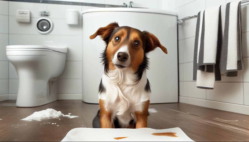 A cute dog sitting on the bathroom floor with paper mess and foam, highlighting dog grooming and cleaning needs.