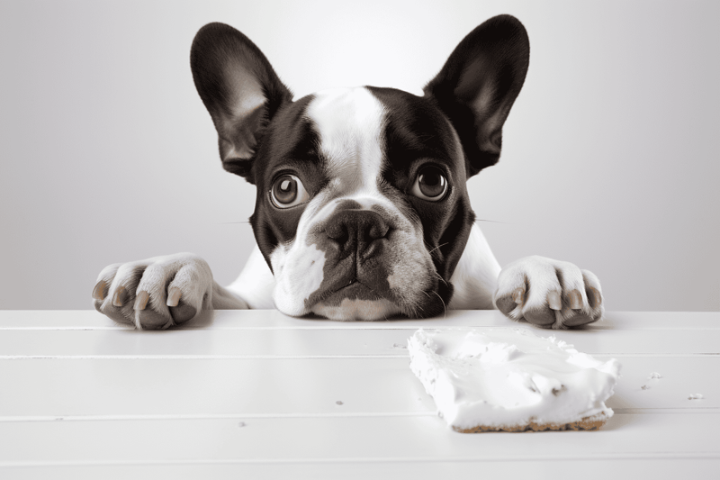 Adorable French Bulldog puppy with big ears, lying on a white table with a cake.