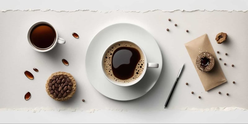 Close-up of coffee cups, cookies, and coffee beans on white table for a coffee break scene.